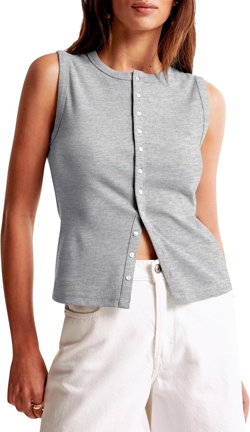 Cioatin Women’s Ribbed Button Down Tank Top - Slim Fit Sleeveless Crop Vest for Y2K Style