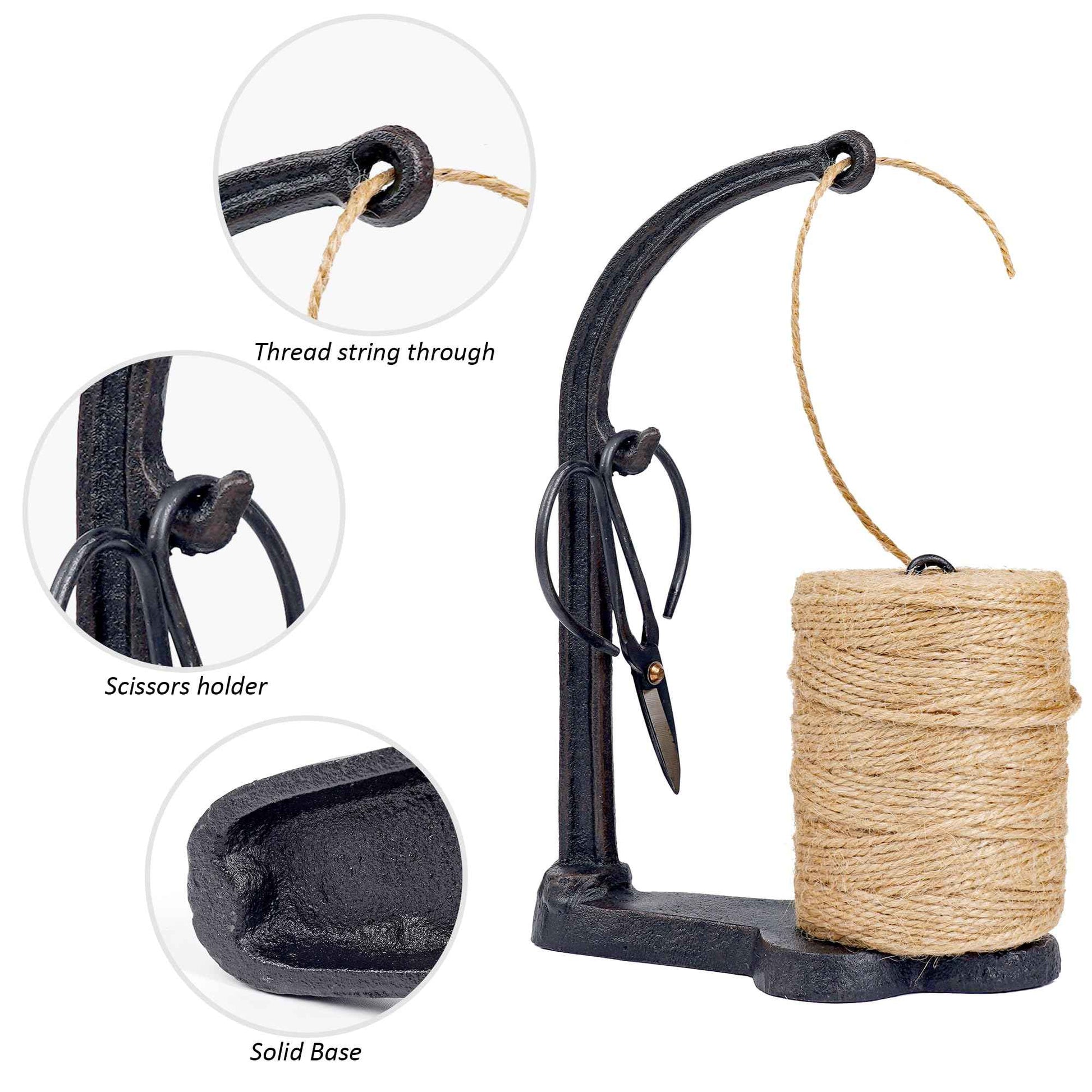 Vintage Style Cast Iron Twine and Shears Set Twine Holder with Scissors and Jute Twine Roll for Crafting, Gardening, Kitchen, Gift Wrapping, Black