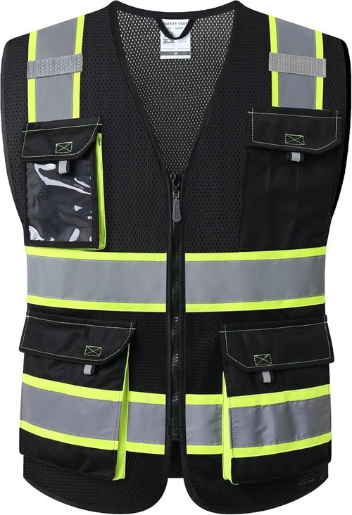 JKSafety Hi-Vis Reflective Safety Vests - High Visibility Mesh Vest with Pockets | Neon Black (L)
