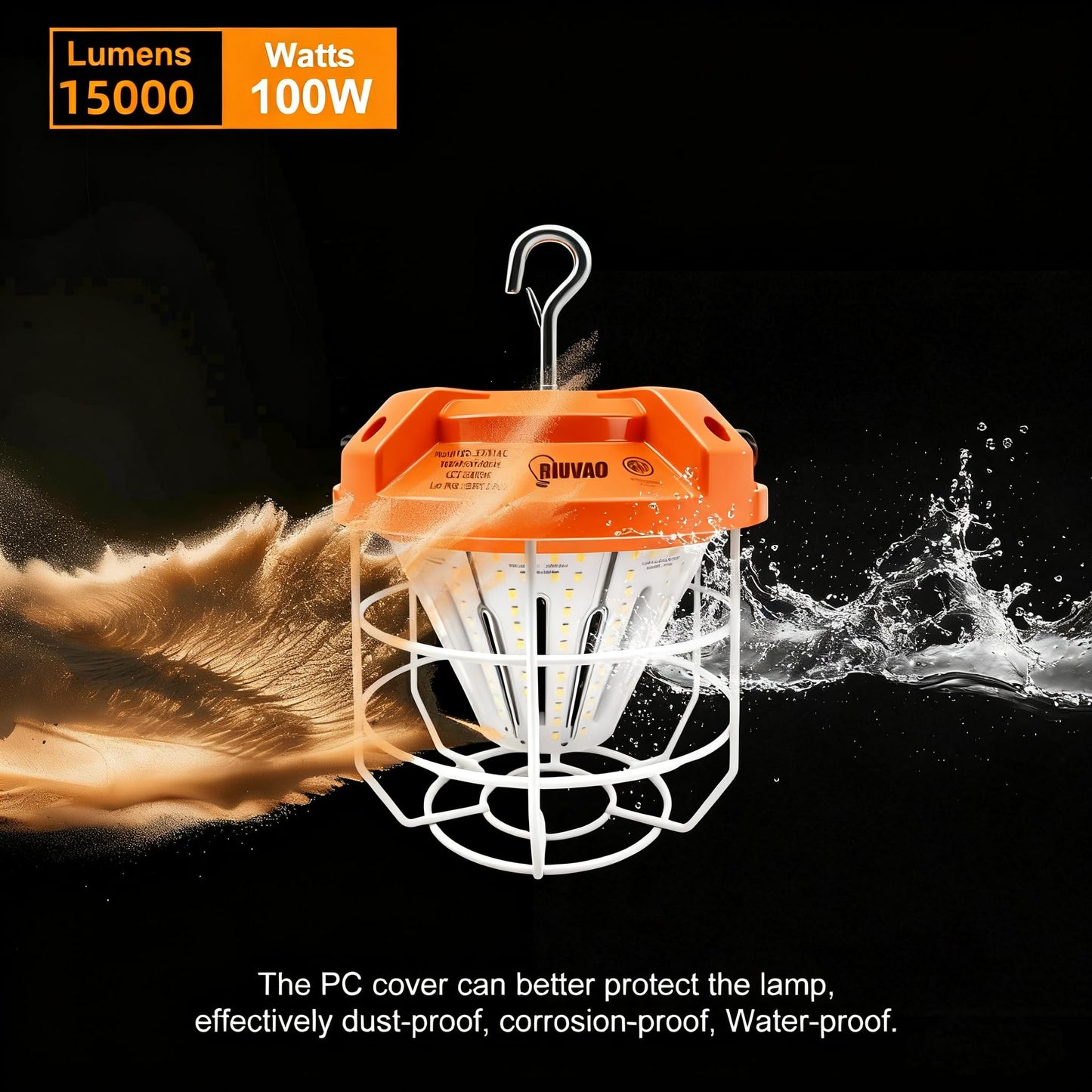 LED Temporary Work Light 100W, 15000Lm, 5000K Daylight White, Portable, Connectable LED Worksite Light with Hook, IP65 Dustproof and Waterproof, Suitable for Wet Locations and Construction Sites