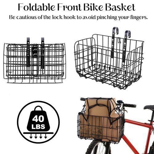 Aodaer Bike Basket with Removable Liner Bag Cargo Net Large Folding Bike Basket Quick Release Metal Ebike Basket Bicycle Storage Basket for Carrying Fruit & Grocery Pets Dogs (Front Basket with Bag)