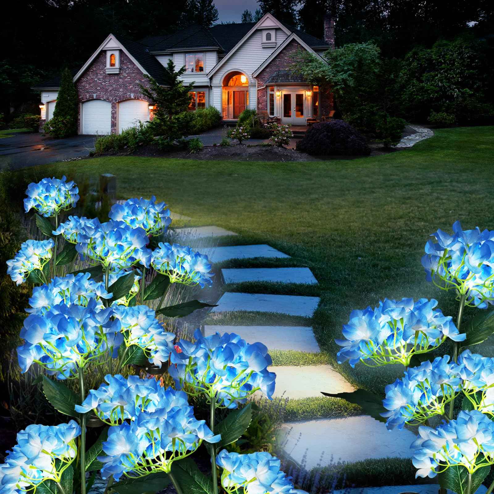 YAODEMA Garden Lights Solar Flower Light, LED Solar Powered Outdoor Light Decor for Path Yard Walkway Patio Balcony Lawn, Hydrangea Artificial Flower (Blue, 2)