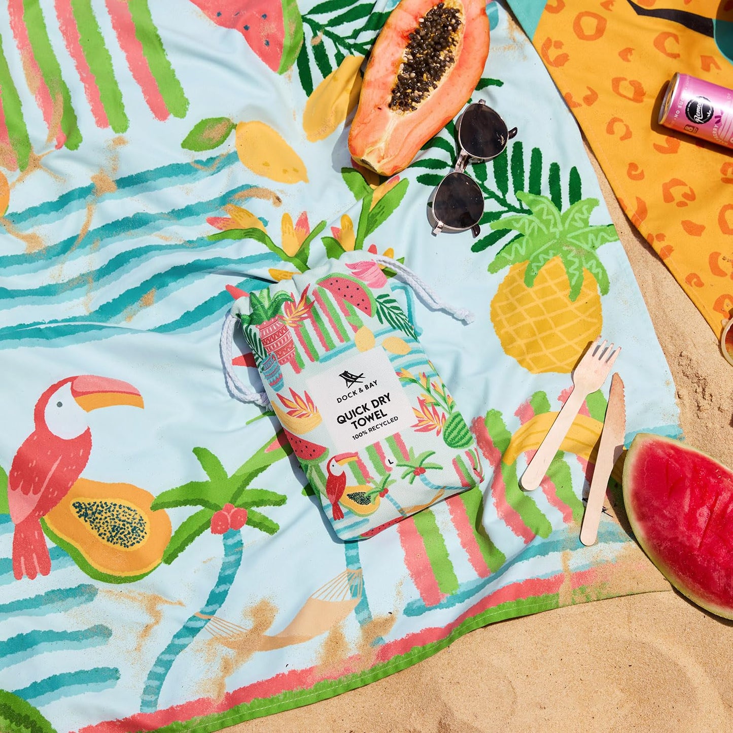 Dock & Bay Beach Towel - Quick Dry, Sand Free - Compact, Lightweight - 100% Recycled - Includes Bag - Tropicana Treat - Large (160x90cm, 63x35)