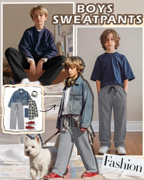 LessonZoo 3 Pcs Boys Sweatpants Wide Leg Open Bottom Drawstring Elastic High Waist Joggers Baggy Athletic Pants with Pockets(Black, Light Mixed Gray, Gray,13-14 Years)