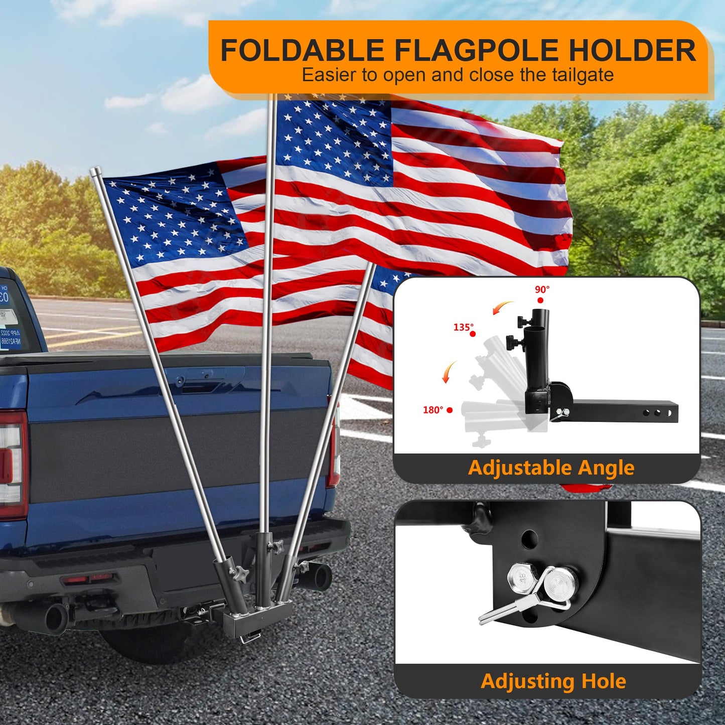 KAIRAY Foldable Hitch Mount 3 Flag Pole Holder Three-Headed flagpole Universal for Standard 2 inch Receiver fit for SUV RV Pickup