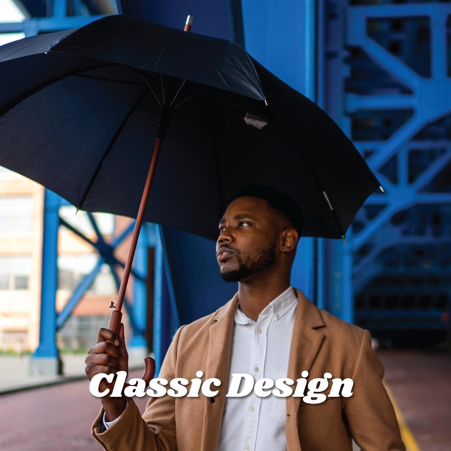Totes Auto Open Umbrella - Water-Repellent Design with Classic Wood J Hook Handle