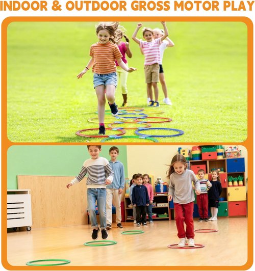 Hopscotch Rings - 10 Round Hoops (11-Inch) + 15 Connectors | Agility Rings for Kids, Build Motor Skills