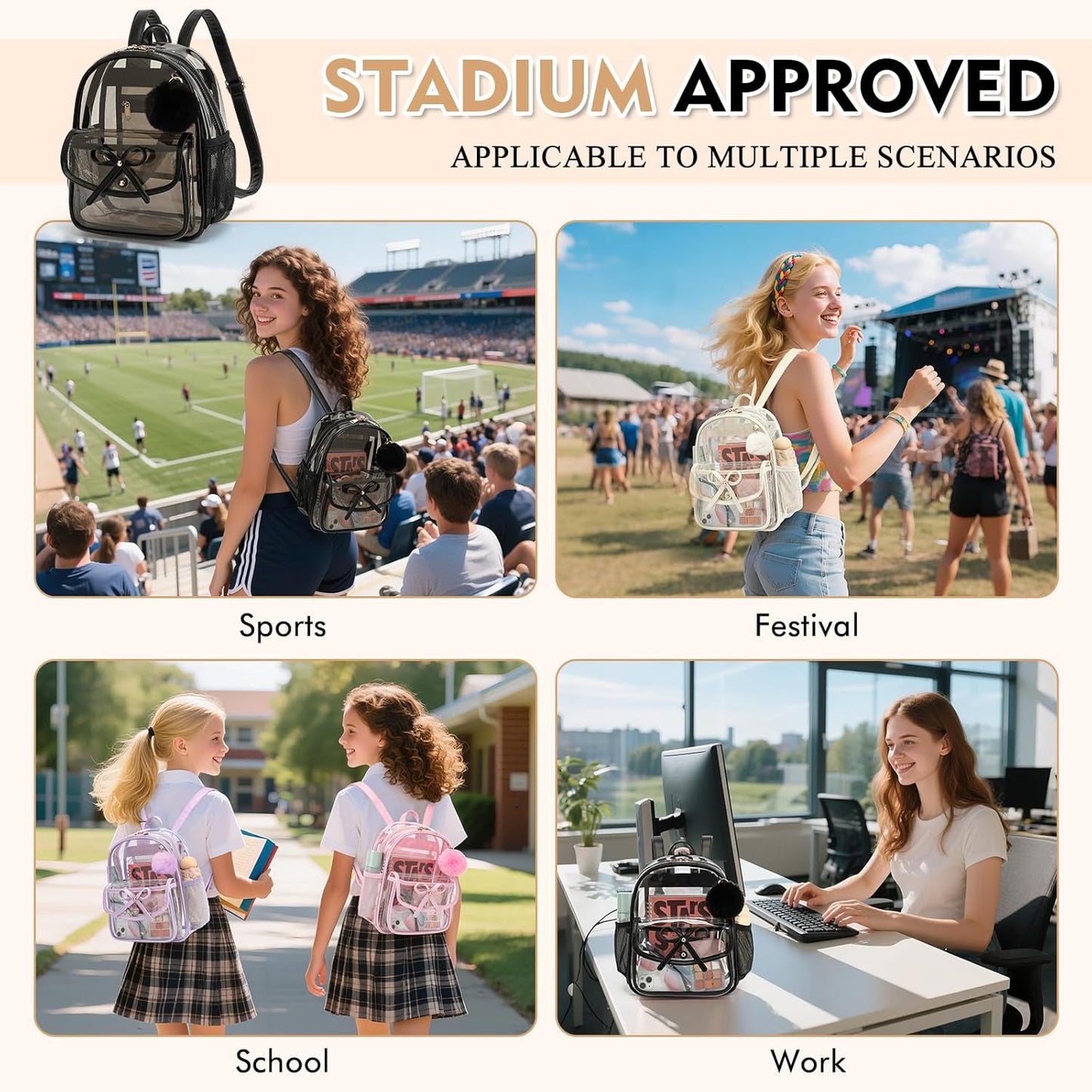 Skiennix Clear Backpack - Stadium Approved 12x12x6 PVC Bag with Stylish Leather Trim for Women