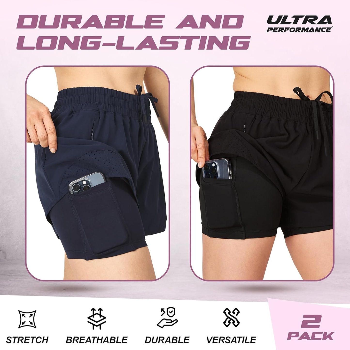 Skiennix Ultra Performance Women's Running Gym Shorts - Compression Workout Shorts, Pack of 2