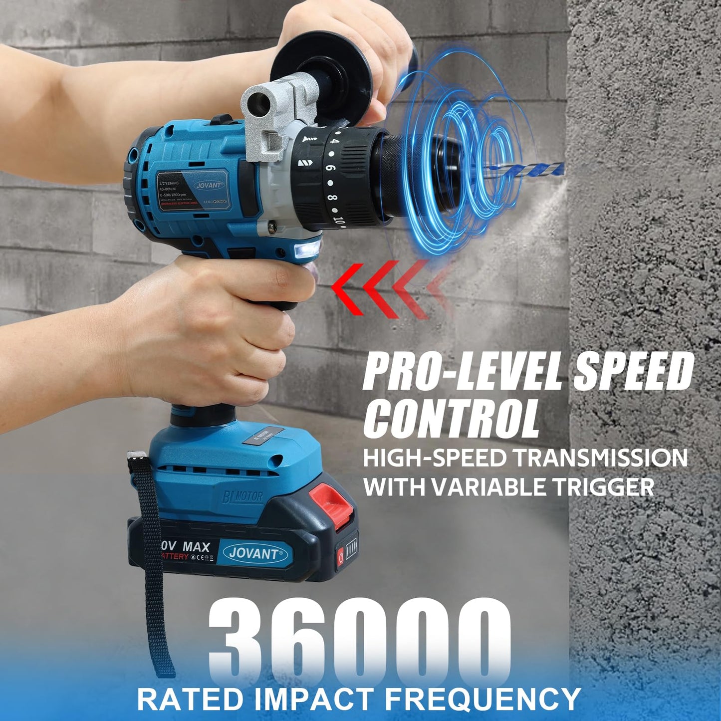 20V Max Cordless Hammer Drill, 1/2" Keyless All Metal Chuck Brushless Impact Drill, Compact Driver Drills for Metal, Wood, Thick Concrete -JOVANT (2 Batteries)