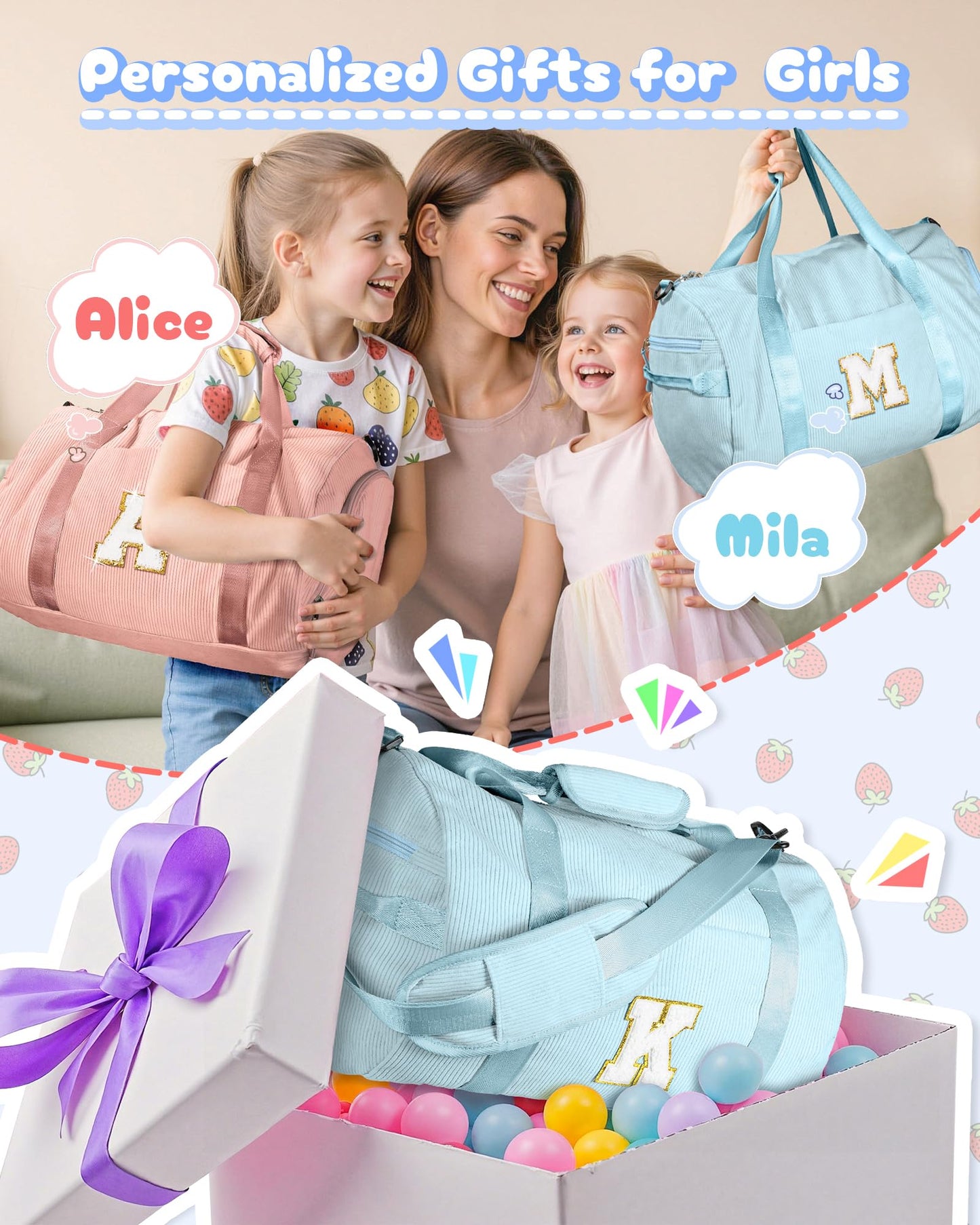 Vogewood Trip Essentials for Preteen, Girls Gym Bag, Kids Personalized Dance Bags with Shoe Compartment, Customized Travel Duffle with Toiletry Bag, Preppy Stuff Gifts for Kid (Letter F)