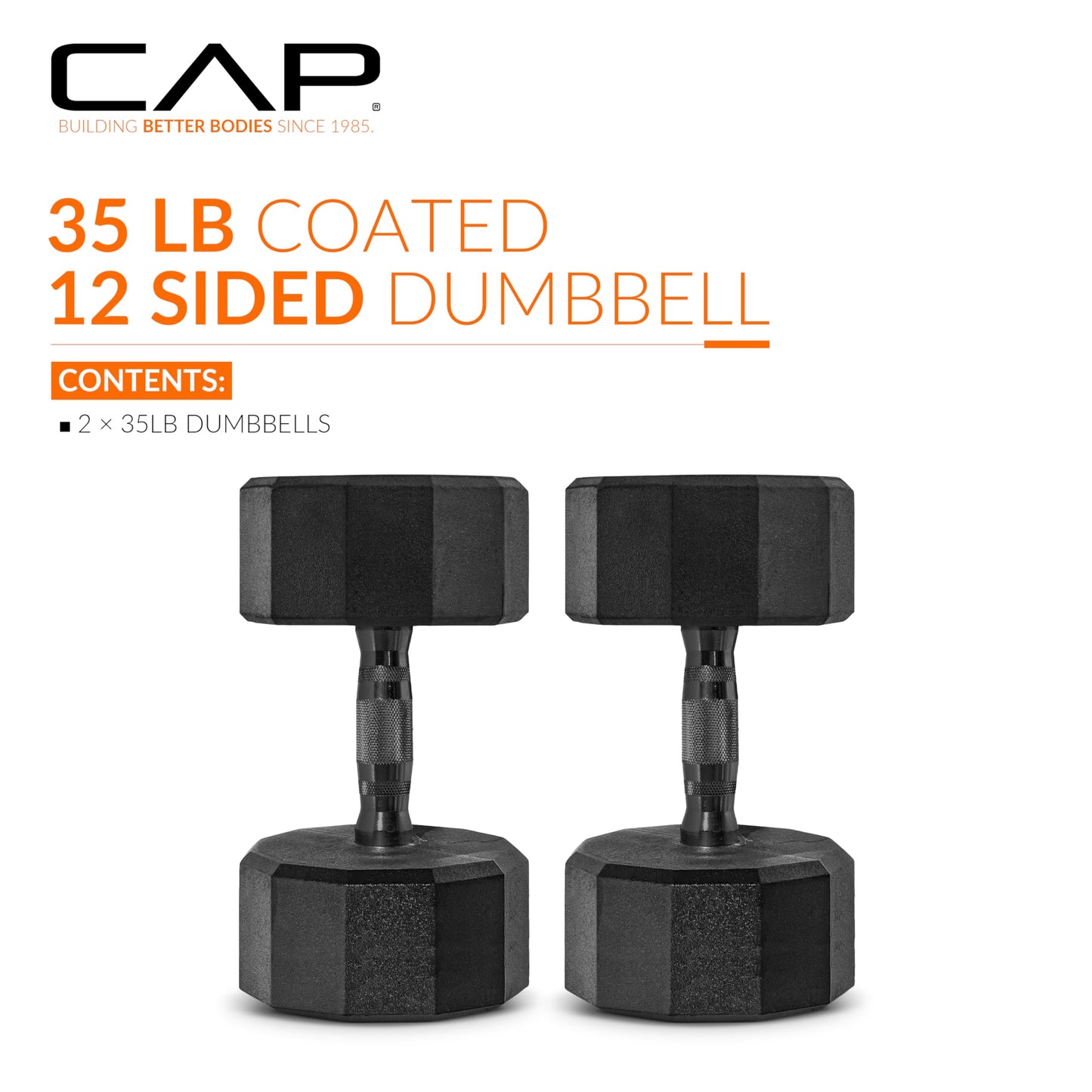 CAP 35 LB 12-Sided Rubber Coated Dumbbell Weight, Rubber Free Weights for Home Gym Strength Training, Black Oxide Handle, Pair