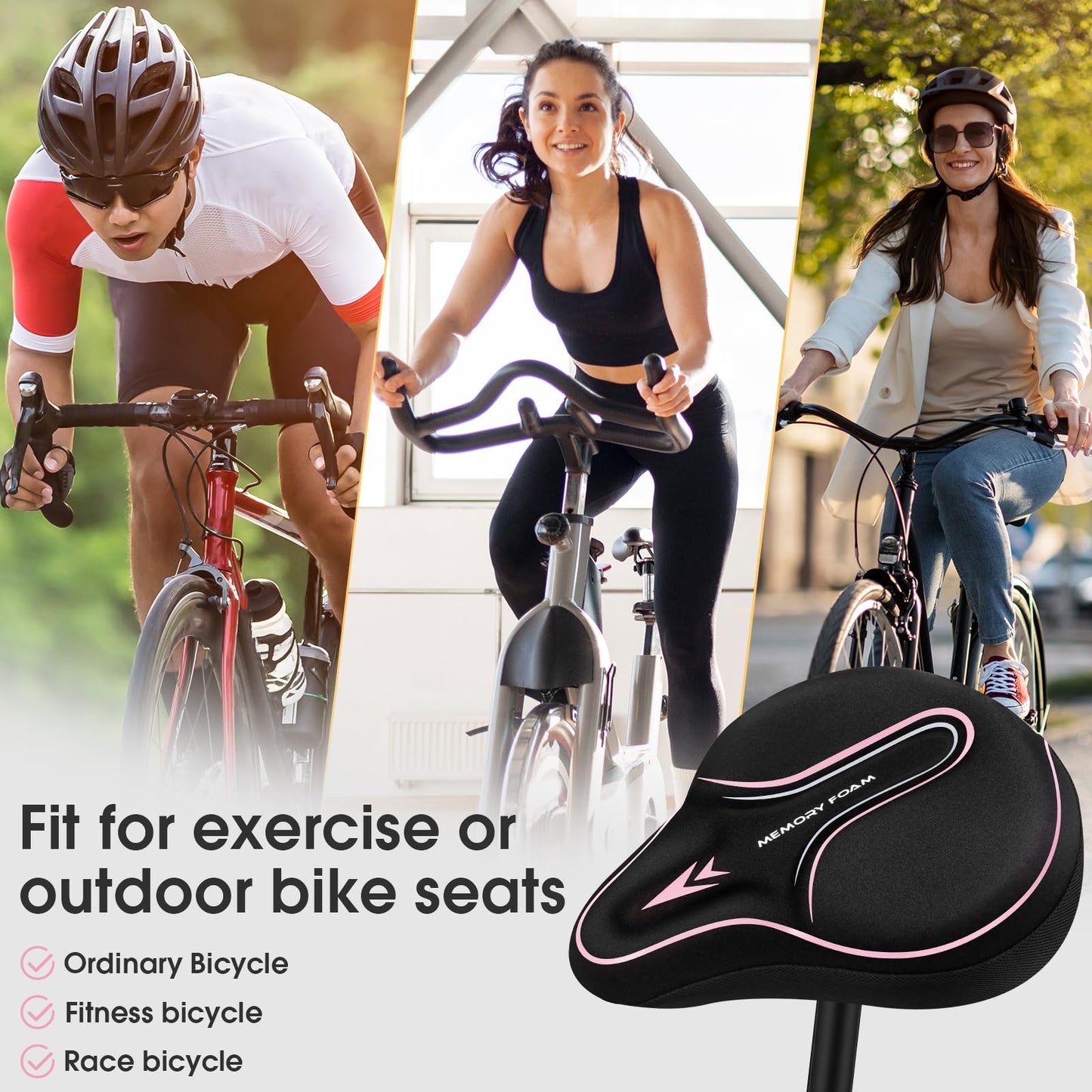 Memory Foam Bike Seat Cover Padded, Soft Bike Cushion for Men & Women, Comfortable Bike Accessories for Bike, Outdoor Indoor Cycling(Pink)