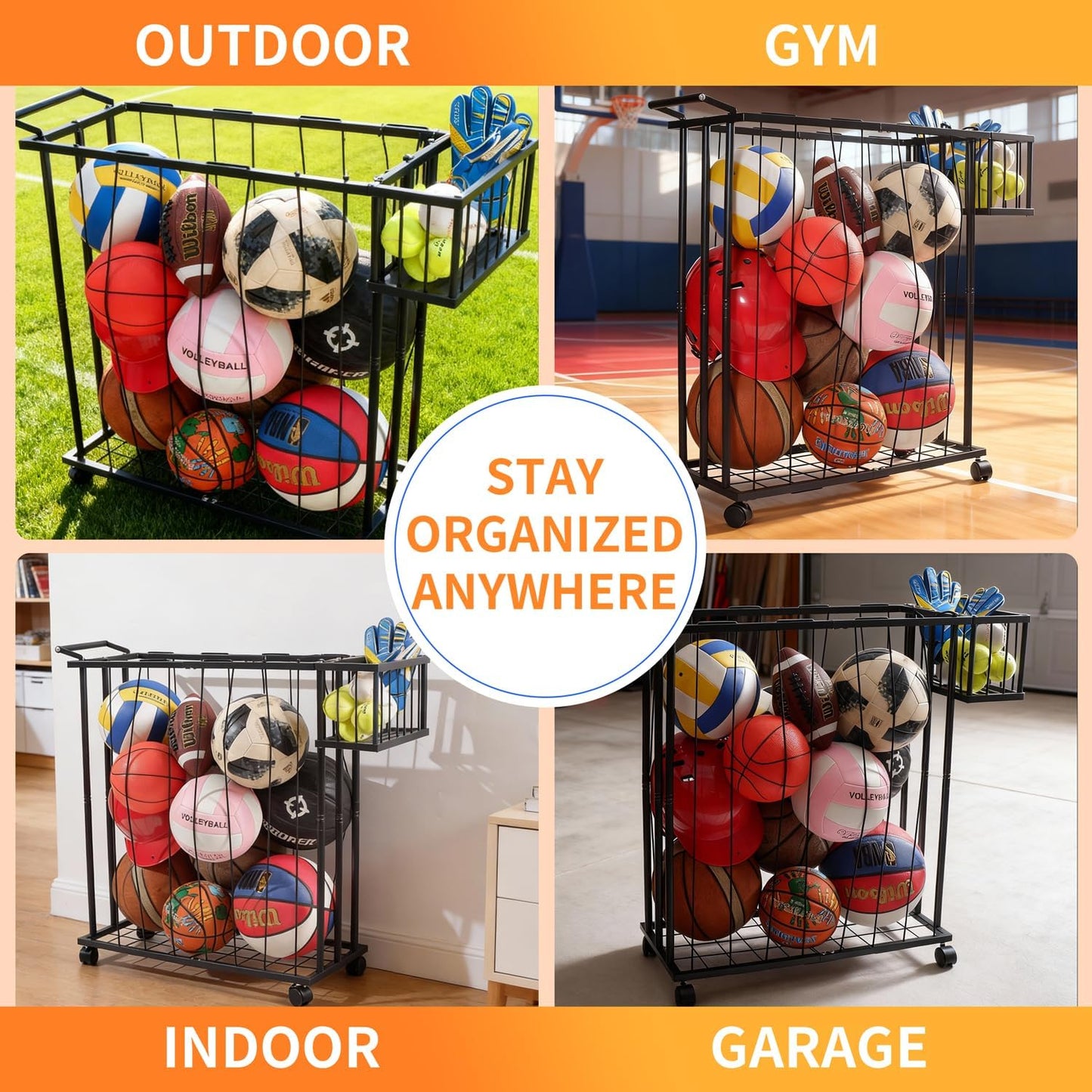 Multi-Sport Ball Storage Cart by [Brand Name] - Rolling Organizer with Side Basket for Gloves & Tennis - Ideal for Basketball, Soccer & Yoga Mats
