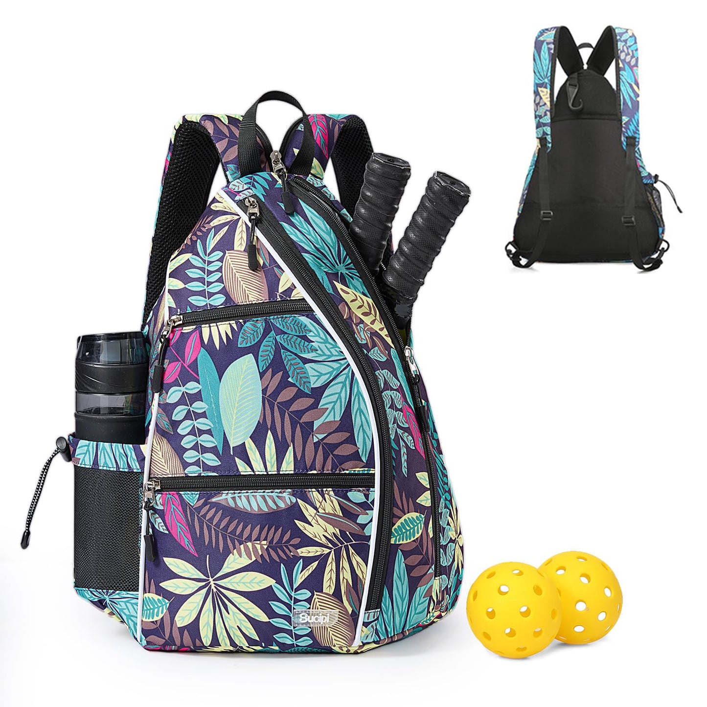 Sucipi Pickleball Bag - Men's -Women's Pickleball Backpack, Adjustable Sling Bag w/Fence Hook/Large Capacity/Safety Pocket-Purple Leaf