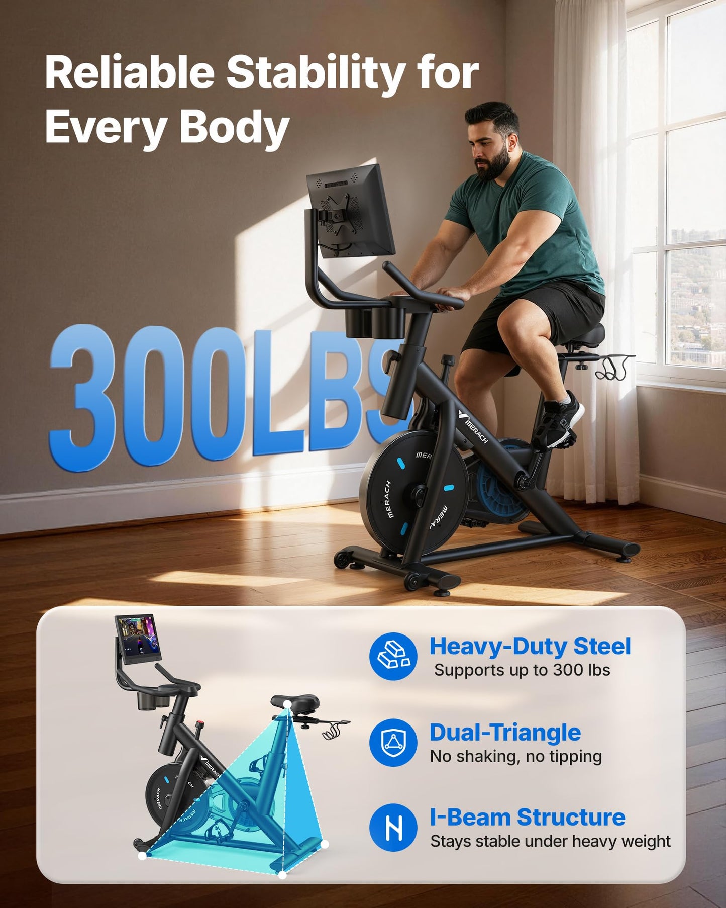 MERACH Exercise Bike, Brake Pad Stationary Bike with Exclusive App, Low Noise Indoor Cycling Bike with 270lbs Weight Capacity, Tablet Mount and Fitness Courses for Weight Loss-Blue
