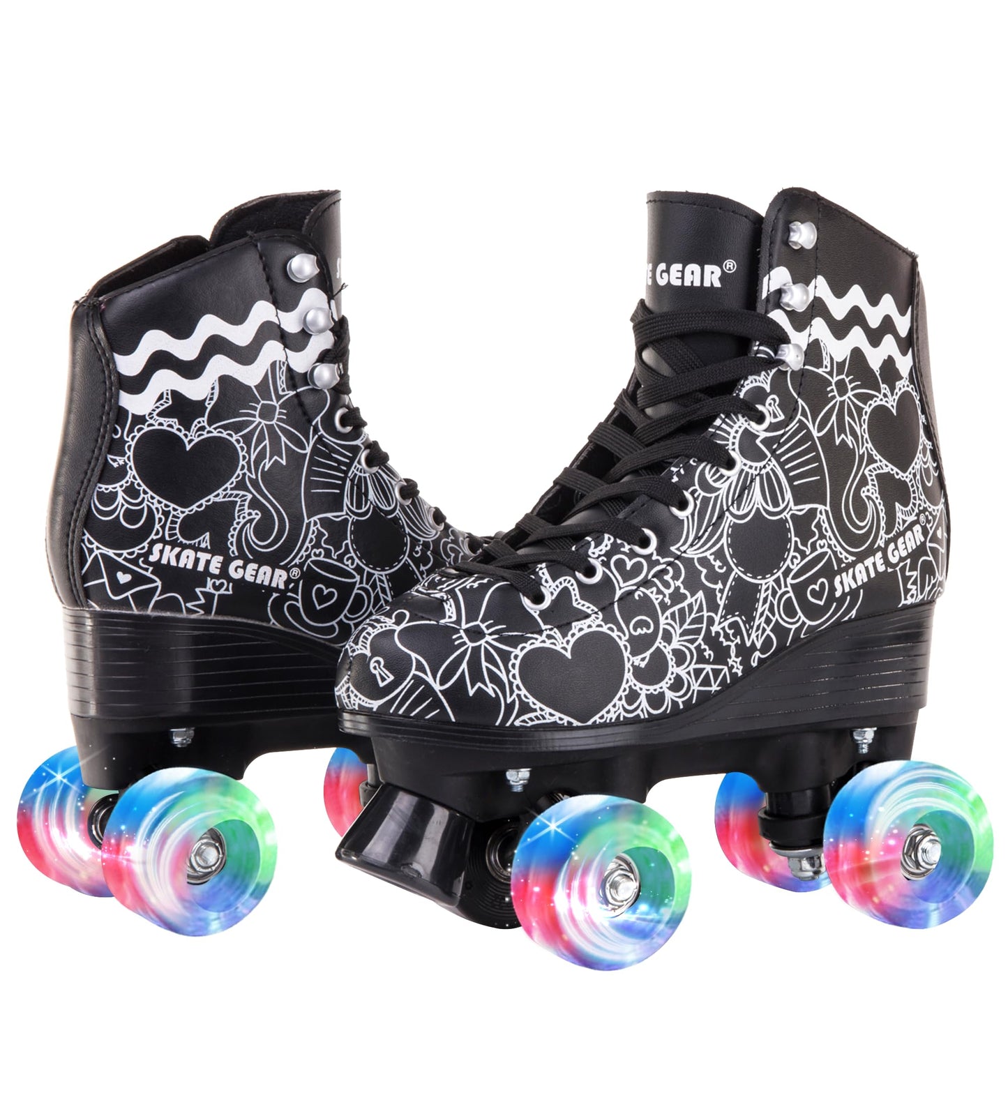 Skate Gear Extra Support Quad Roller Skates for Kids and Adults (Graphic Black w LED, Women's 6 / Youth 5 / Men's 5)