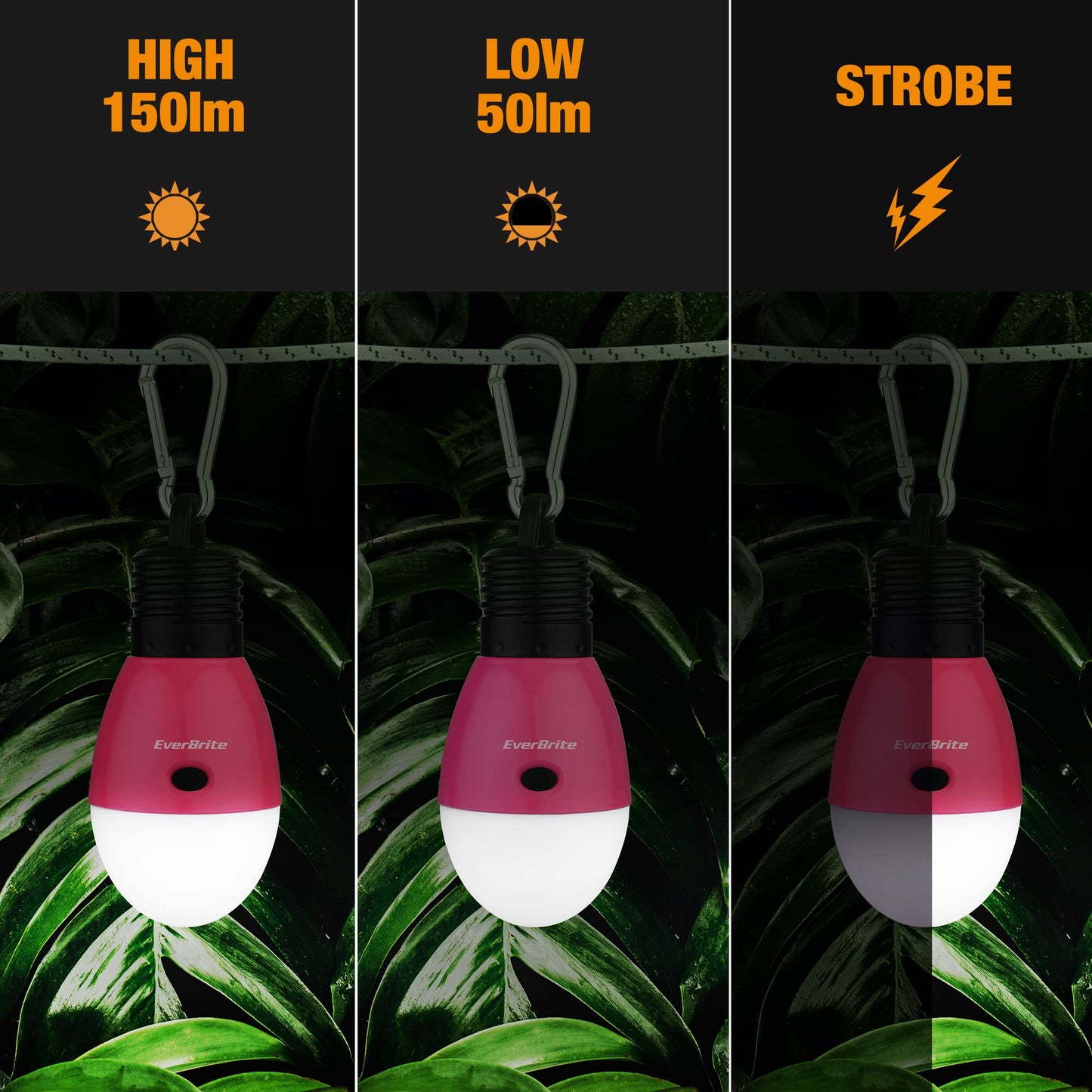 EverBrite Rechargeable Camping Light, Portable Tent Lantern,3 Lighting Modes, Hanging Tent Light Bulbs with Clip Hook for Hiking, Fishing, Backpacking, Emergency and More-Pink