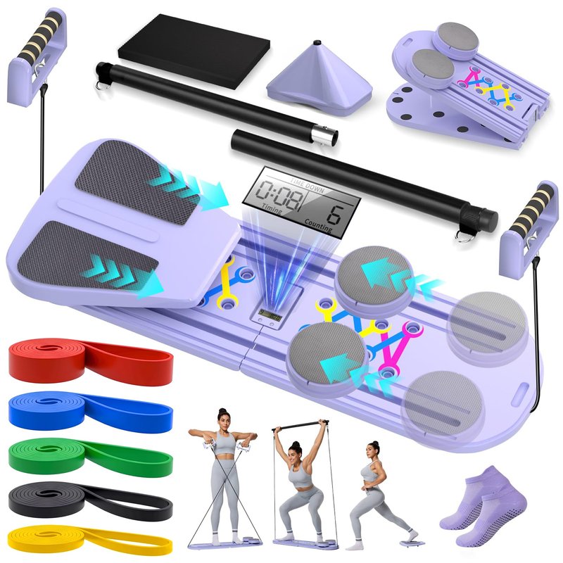 Pilates Board, 9 in 1 Multi-Purpose Foldable Pilates Reformer Set, Portable Pilates Reformer Board with Yoga Socks & Resistance Bands, Best for Women Fitness & Exercise at Home Pilates Workout Board
