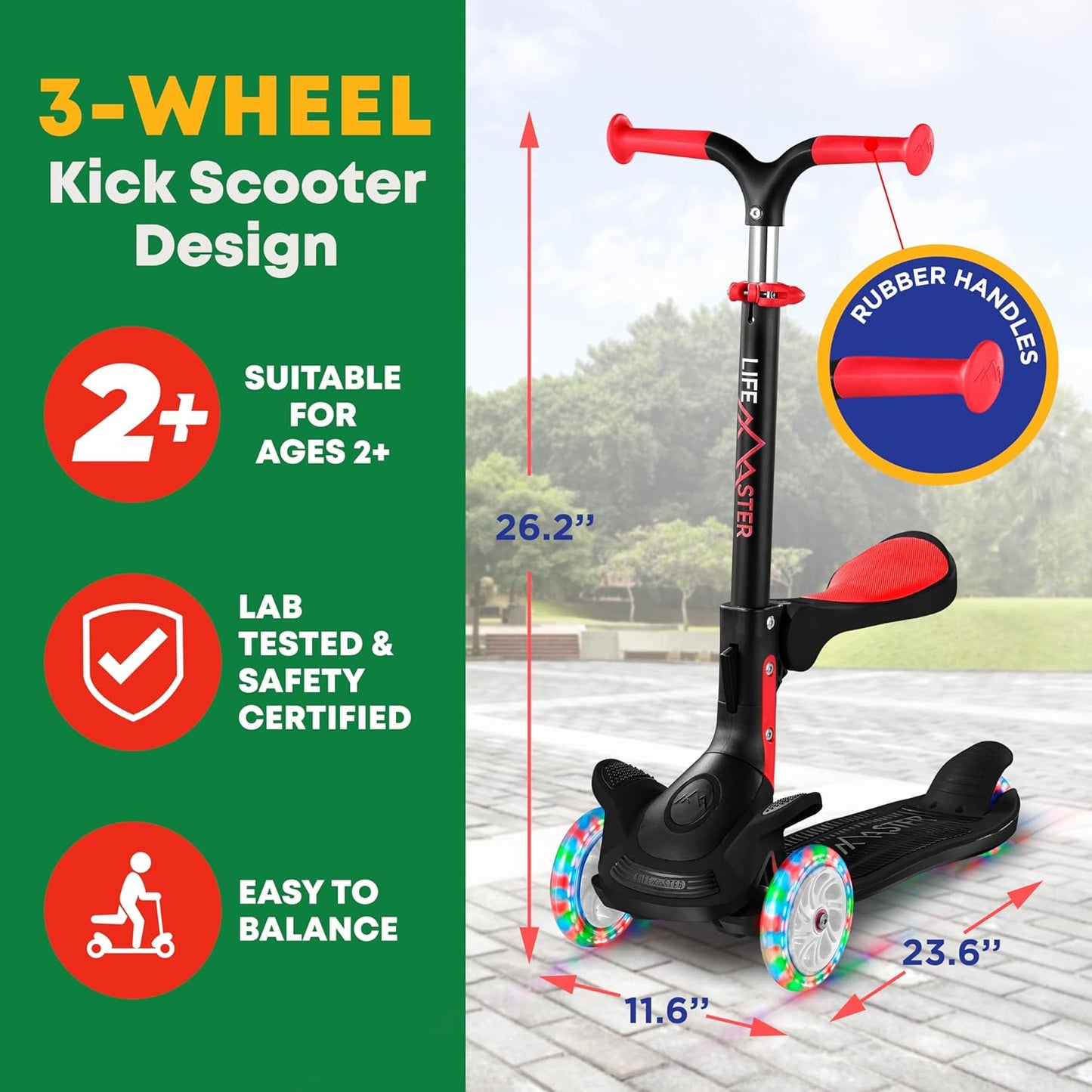 Skiennix 3-Wheel Scooter for Kids - Foldable Seat, Adjustable Handlebar, LED Wheels | Ages 2+