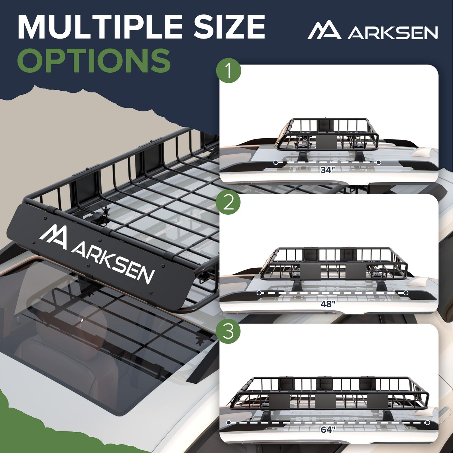 ARKSEN 64" x 34" x 6" Roof Rack Cargo Basket with Extension, 150 LBS Universal Heavy Duty Steel Rooftop Carrier with Waterproof Bag, Cargo Net & Tie Down Straps for SUV, Truck, RV, Pickup