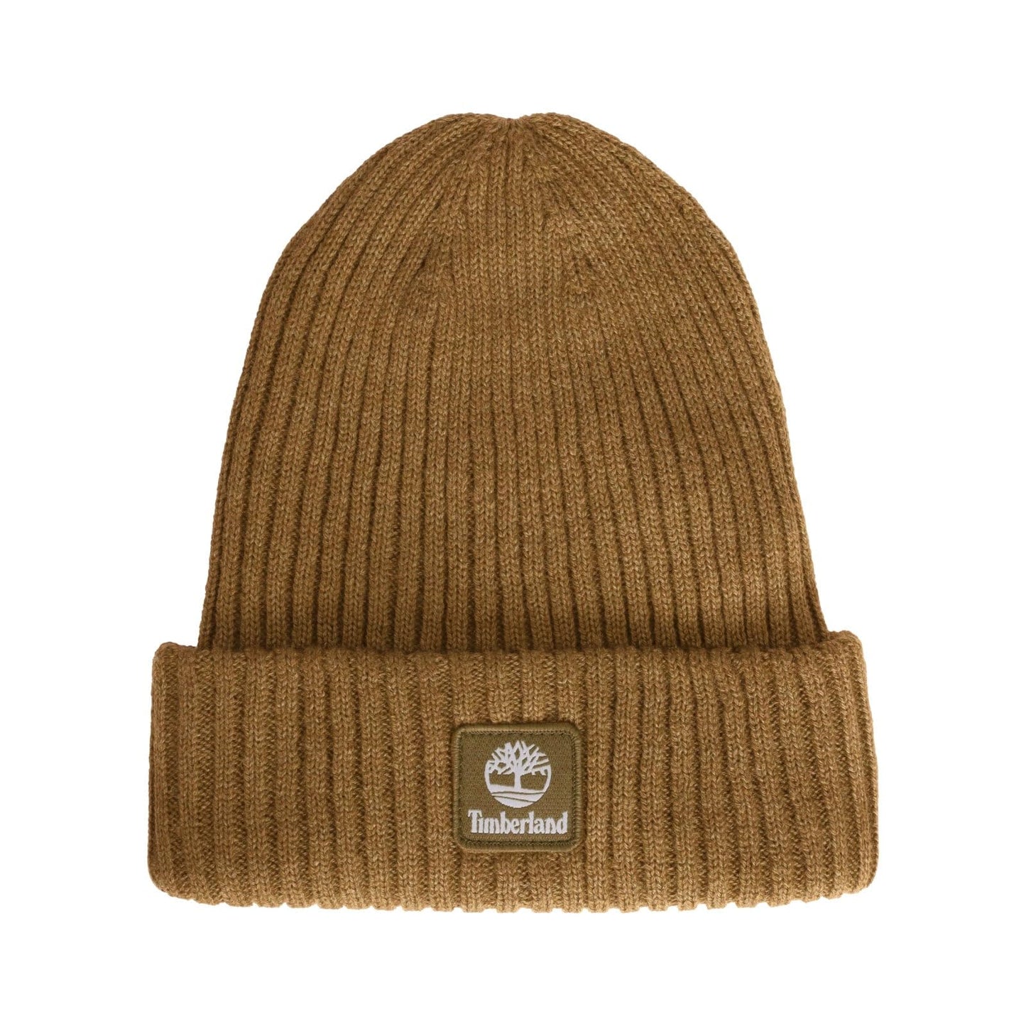 Timberland Men’s Rib Tonal Logo Beanie - Soft Knit Winter Hat, Stretch Fit, Foldover Cuff, Warm Texture for Cold Weather Wear, Wheat, One Size