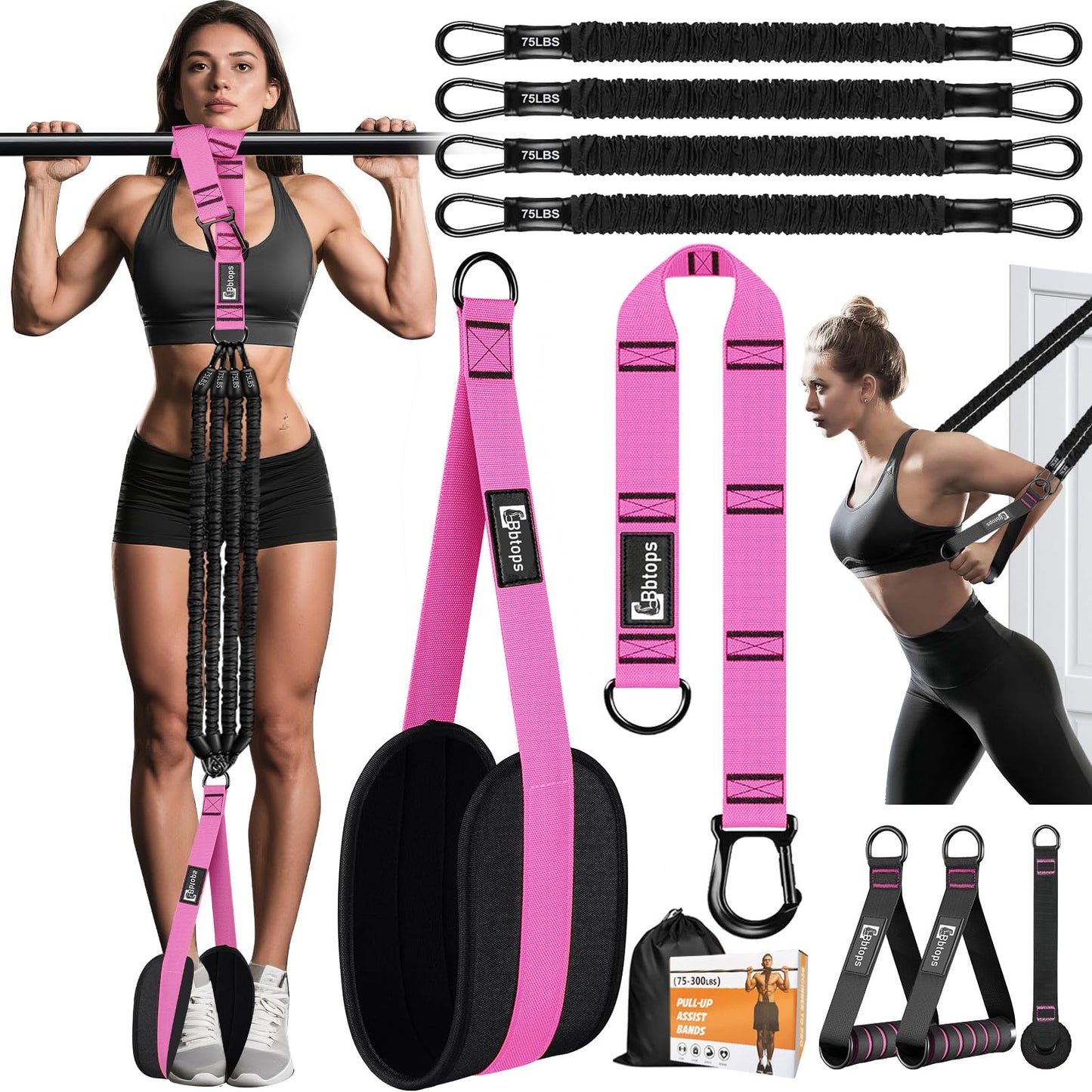 Pull Up Assistance Bands,Up to 300 lbs Assistance,Adjustable Heavy Duty 4 Pull Up Bands with Handle and Door Anchor for Home Gym Fitness Exercise Strength Training Workout Equipment Pink