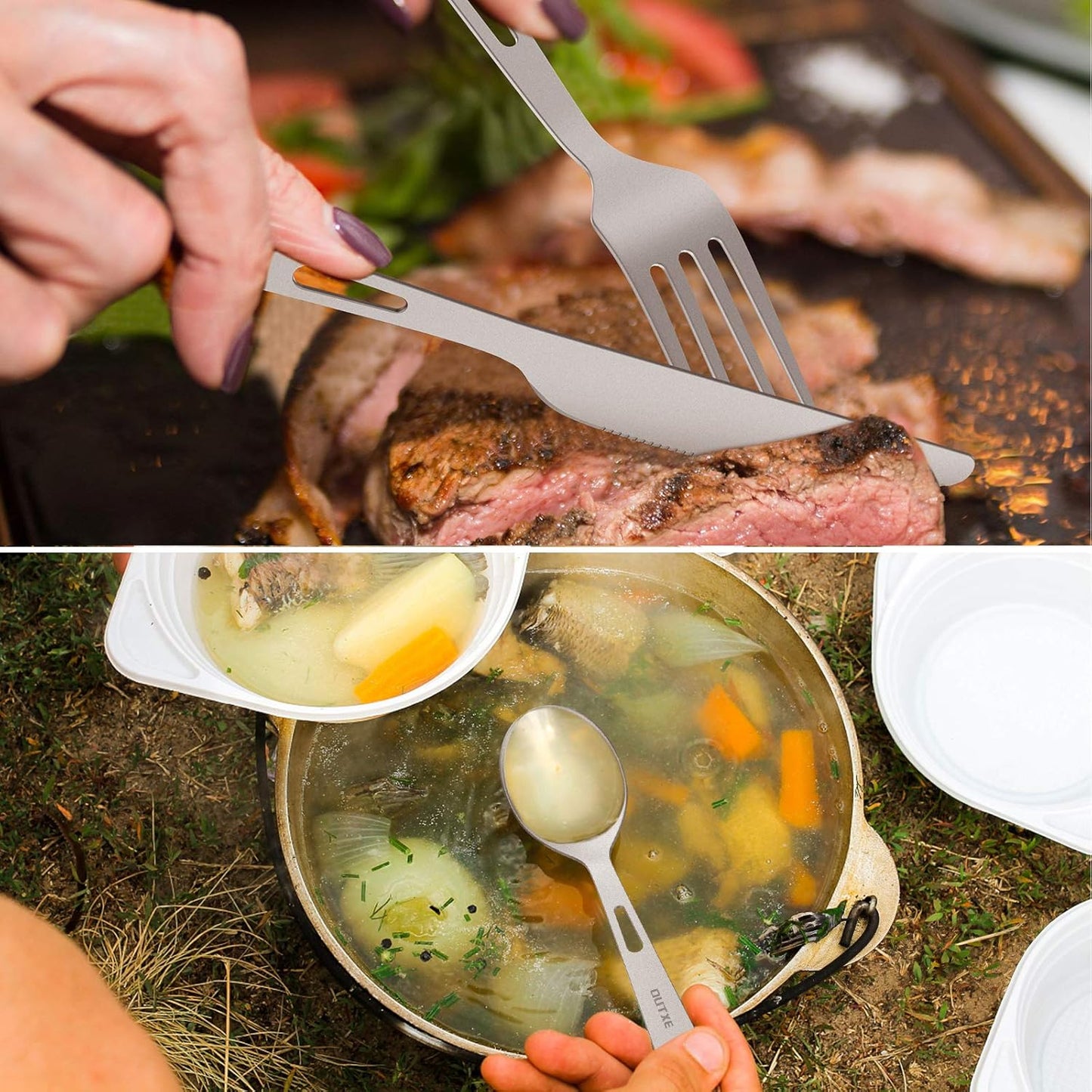 OUTXE Titanium Flatware Set - Lightweight Camping Cutlery with Carrying Bag for Travel & Picnics