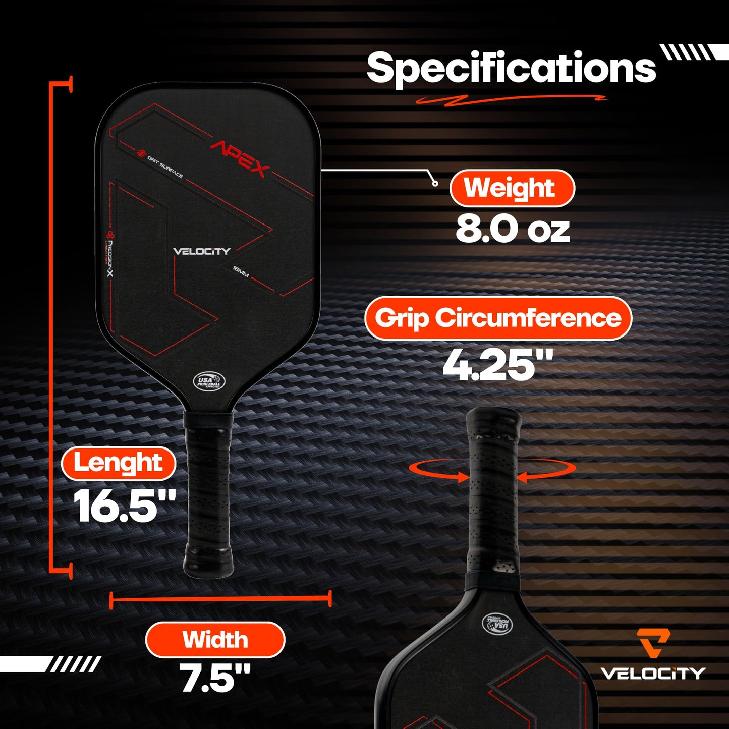Velocity Pickleball Paddle, T700 Carbon Fiber Pickleball Paddle with 16mm Proprietary Core High Grit Surface, USAPA Approved, Elongated Anti-Slip Handle for Power, Spin & Control and Shoot at 60mph