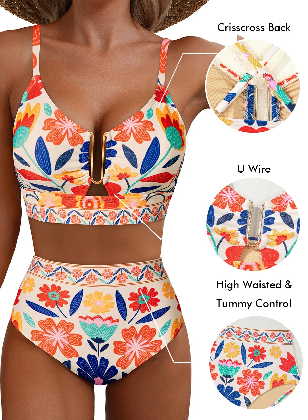 Herseas Women's 2 Piece High Waisted U Wire Cutout Bikini Sets Floral Print Swimsuits Crisscross Back Padded Push Up Bathing Suit Modest 2026 Summer Beach Cruise Essentials Orange Floral Medium