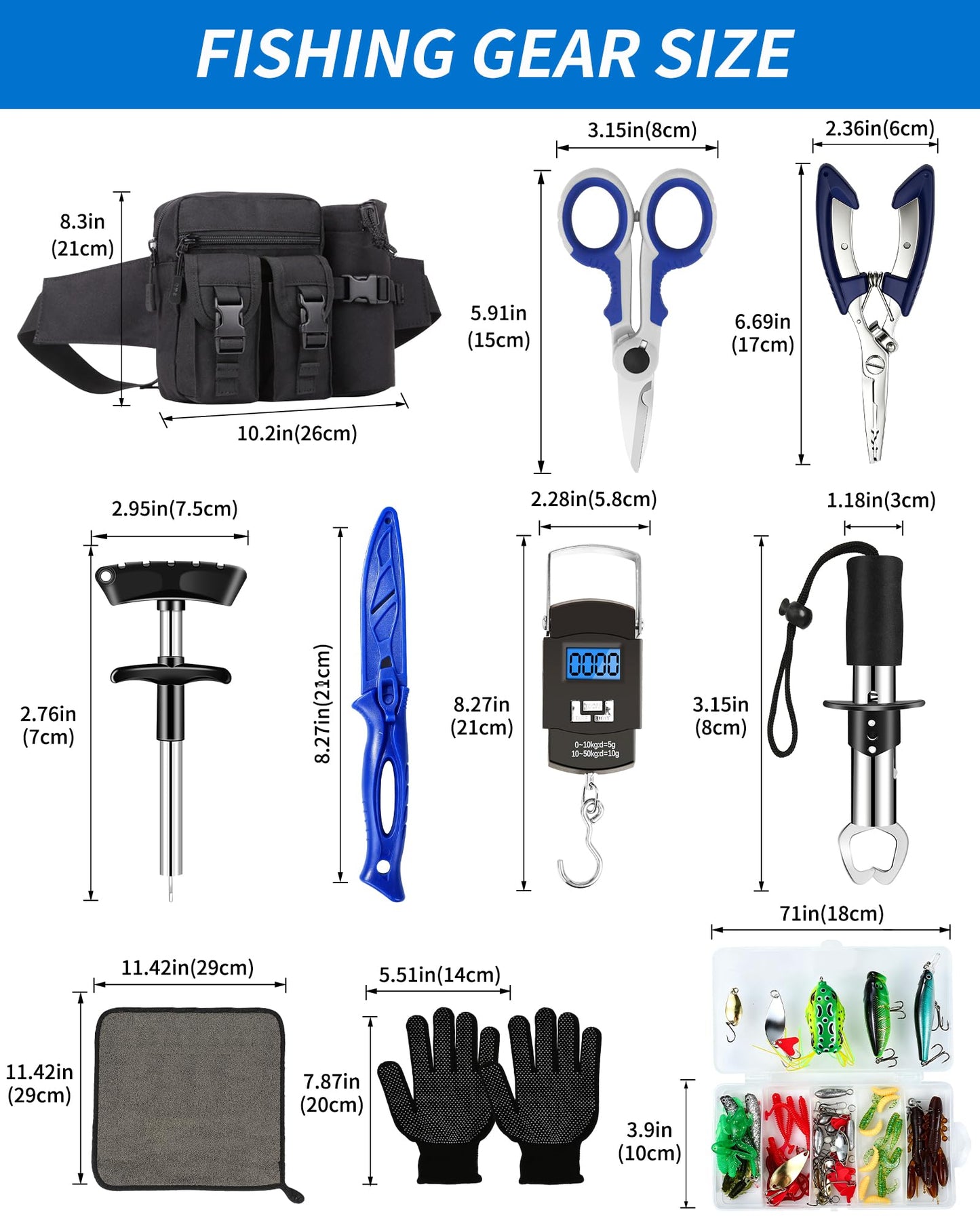 AOFUXTI Fishing Tool Kit - 112pcs Fishing Gear & Equipment, Fish Pliers, Hook Remover, Scale, Scissors, Lip Gripper, Lures