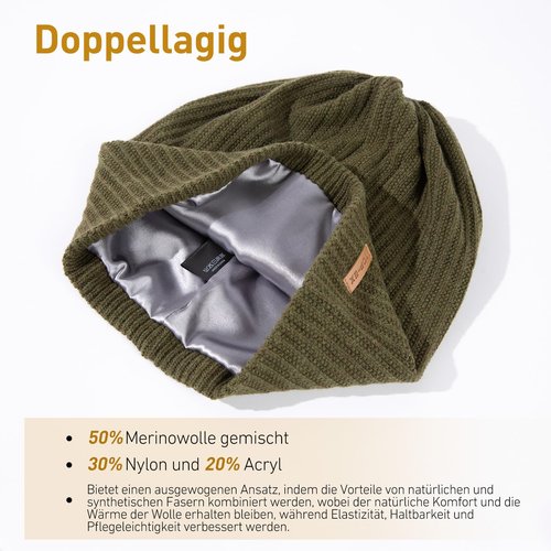 Oversize L/XL/XXL Merino Wool Satin Lined Slouchy Beanie Big Large Head Knit Hat (US, Alpha, X-Large, XX-Large, OliveDrab(Satin))