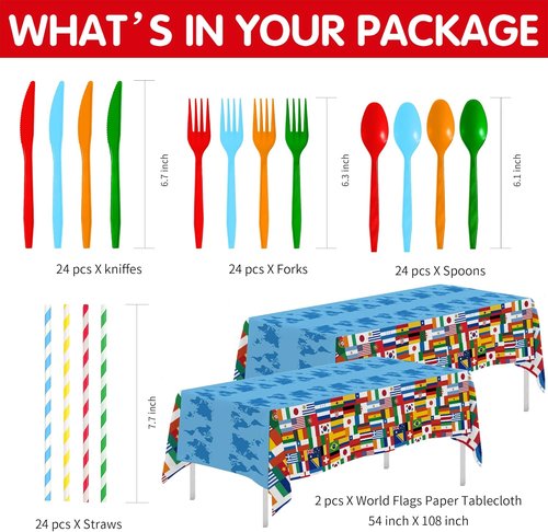 APOWBLS International World Flags Tableware Set - Olympic Party Supplies for 24 Guests | Plates, Cups, Napkins, Cutlery, Tablecloth