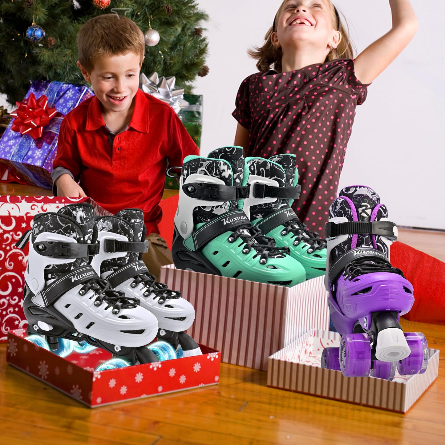 Kuxuan Skates Roller Skates for Girls and Boys Kids, 4 Sizes Adjustable Fun Kids Toddler Rollerskates with Light up Wheels for Teens Women Indoor Outdoor