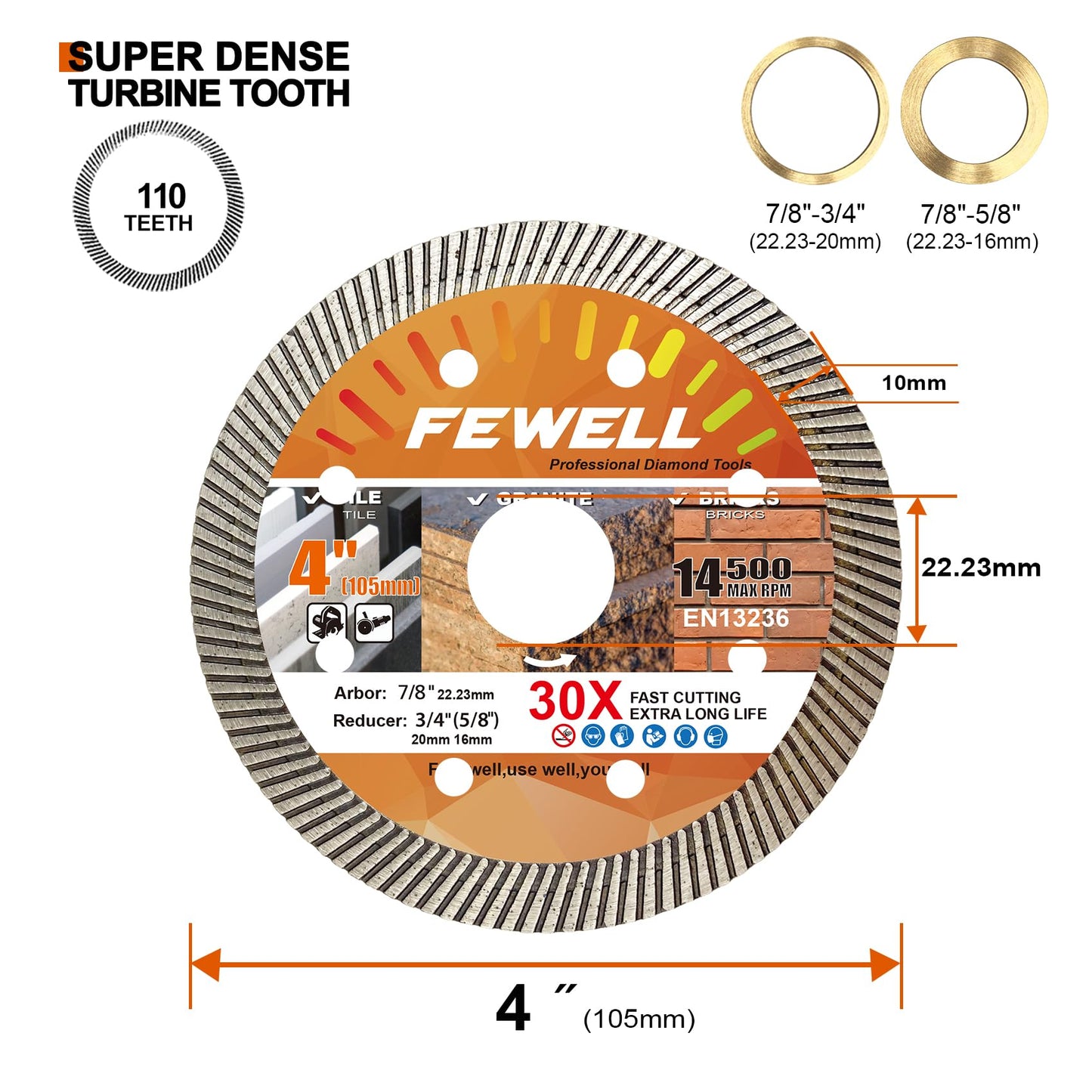 FEWELL 4Inch Diamond Ceramic Saw Blade for Angle Grinder,Spuer Thin Turbo Blade Cutting disc for Porcelain,Ceramic Tile Granite Brick and Concrete 105x10x22.23 mm (3-Packs)