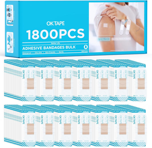 OK TAPE Adhesive Bandages - Waterproof Sterile Sheer Strips, 1" x 3", Bulk Case of 1800 for First Aid