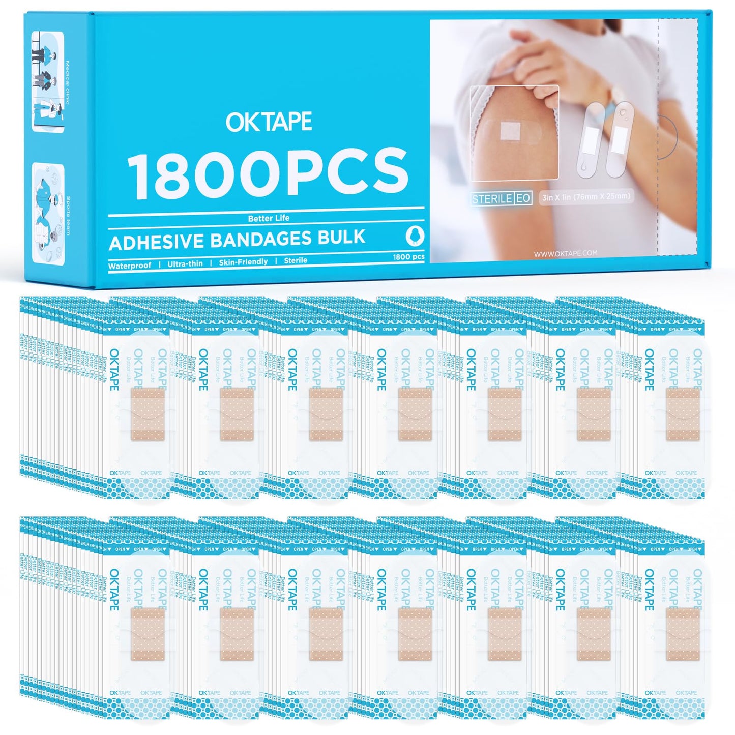 OK TAPE Adhesive Bandages, 1" x 3" Bulk Case of 1800, Waterproof Sterile, Clear & Breathable Sheer Strips for Minor Cuts & Scrapes – First Aid Supplies for Home, Businesses, Schools,Nurses and Clinics