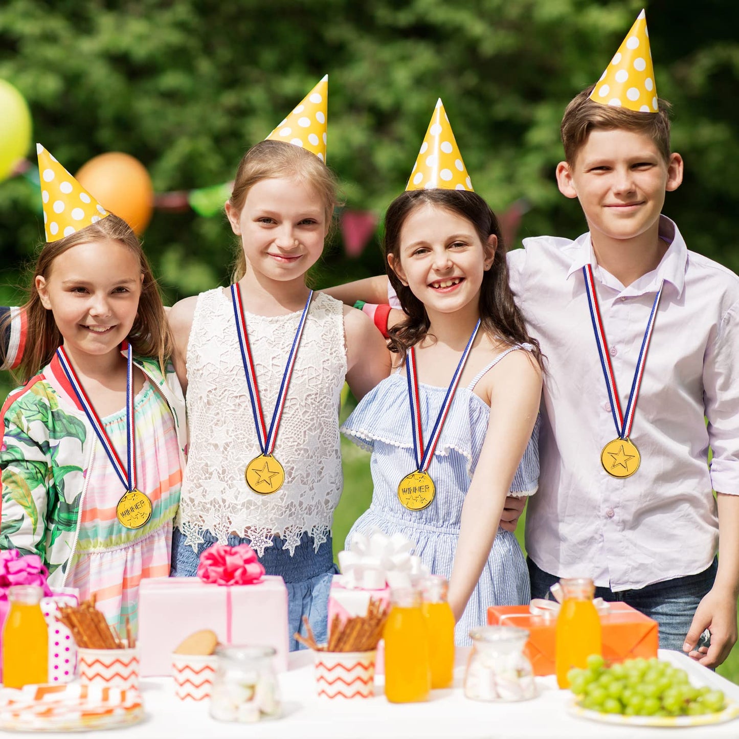 JIEJOYS 100 Pieces Gold Plastic Winner Medals for Awards for Kids, Award Medals for Kids Sports Awards, Games Competitions, Prizes,Party Favors and Decorations.