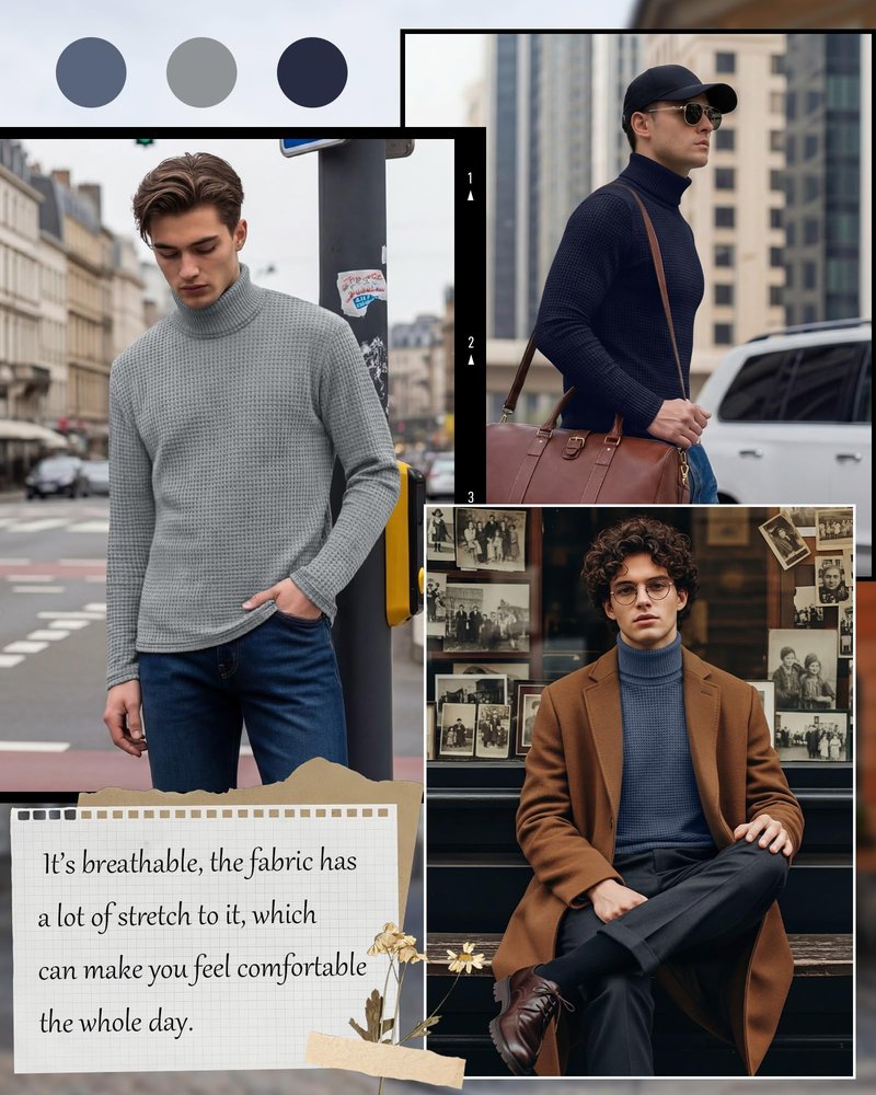 August Alley 3 Pack Men's Waffle Turtleneck Long Sleeve Shirts Slim Fit Pullover Sweater Thermal Undershirt Soft Base Layer(Navy Blue, Gray, Haze Blue,Large)