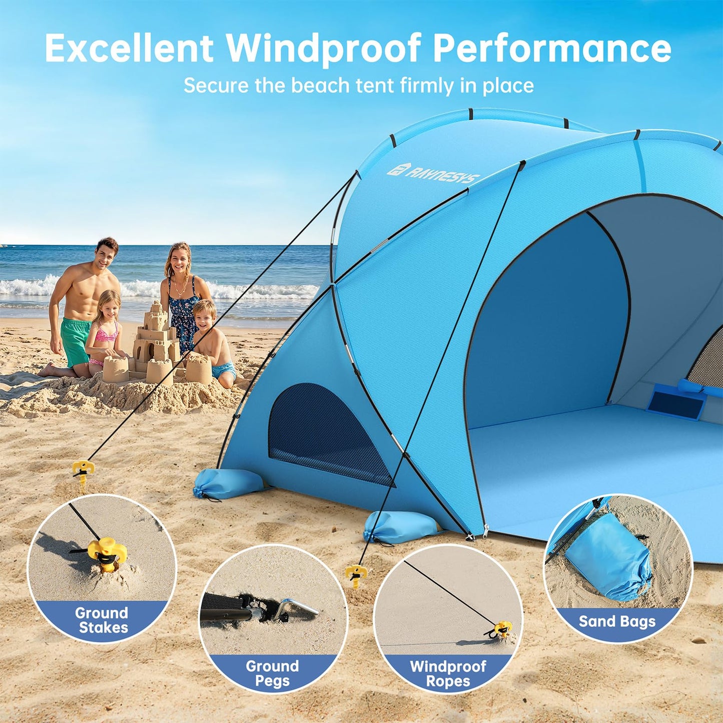 Raynesys Beach Tent Sun Shelter for Sand Camping Fishing, 1-4 Person, Blue