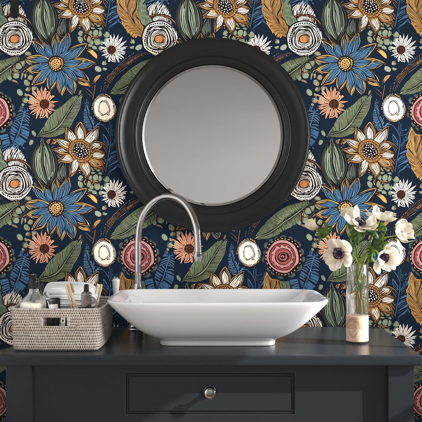 Boho Wallpaper Peel and Stick,Vintage Floral Contact Paper 17.5" x 118", Retro Botanical Flower Wall Paper Self Adhesive Removable Waterproof for Walls Shelves Cabinet Table (Blue,Yellow, Green)