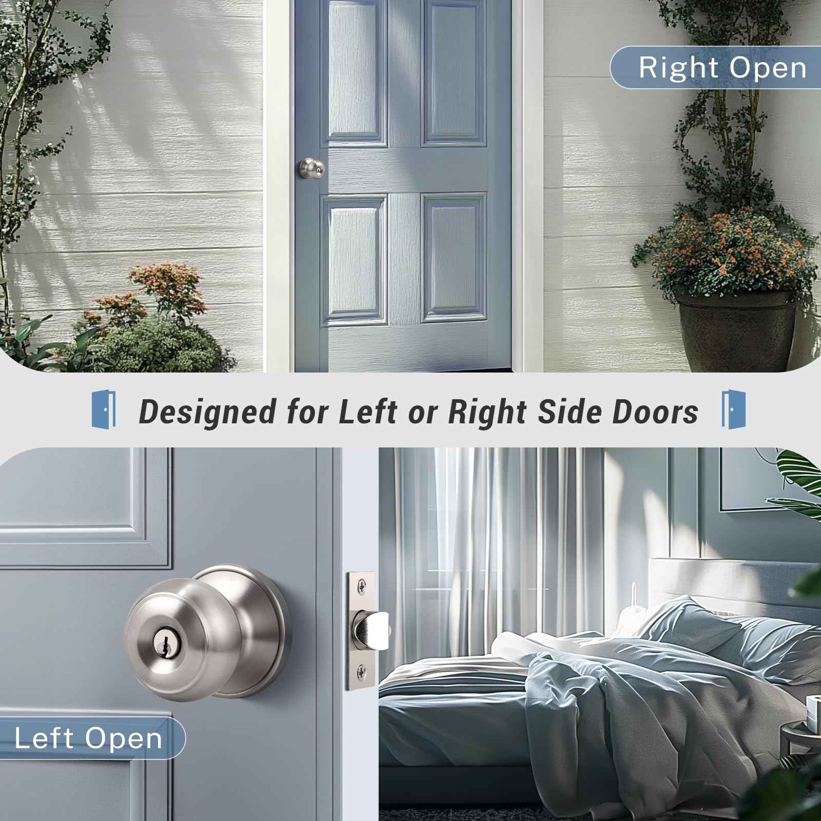KNOBWELL 2 Pack Brushed Nickel Door Knob with Lock and Key, Keyed Alike, Exterior Keyed Door Knobs Lock with Same Keys in Solid Stainless Steel for Entrance and Front Door, Round Ball Handle