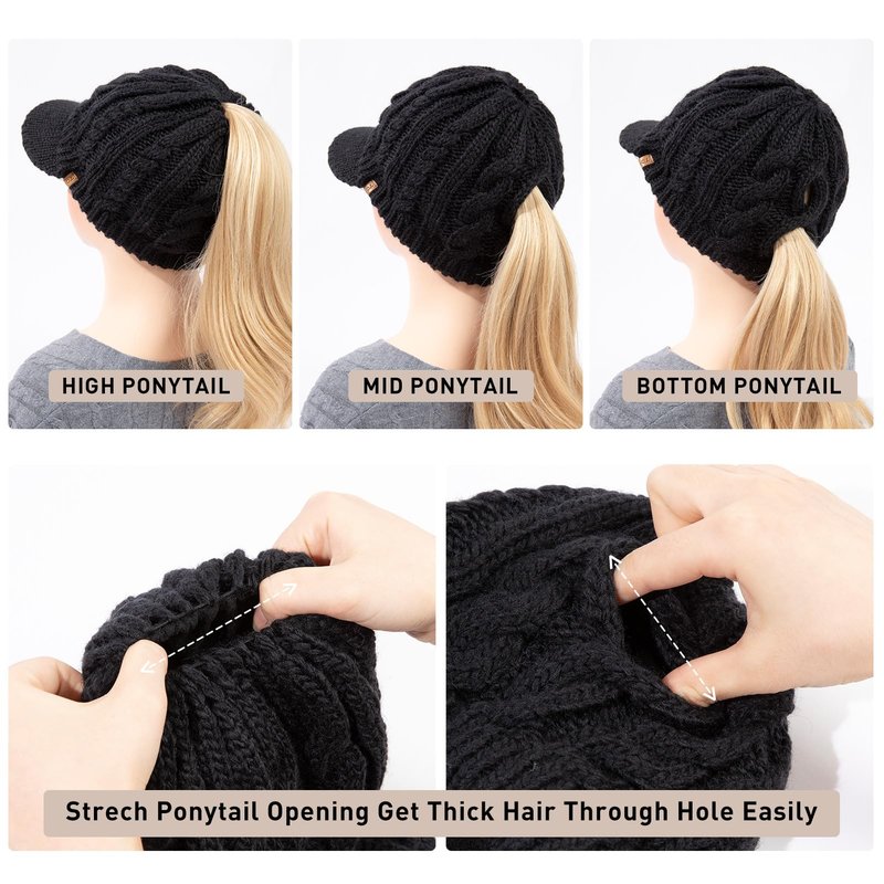 Womens Winter 3 Openings Ponytail Visor Brim Bill Beanie Hat Fleece Lined Merino Wool Warm Cable Knit Cap Bun Hole Cold Weather Black