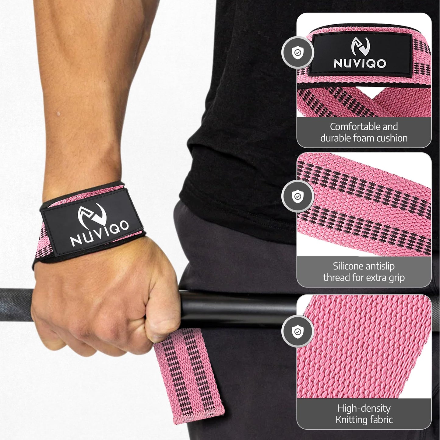 NUVIQO 9 Pcs Gym Accessories Set Featuring Barbell Pad with 2 Safety Straps - 2 Ankle Straps for Cable Machine - 2 Weight Lifting Straps - Hip Resistance Band - Carry Bag for Hip Thrust Pad