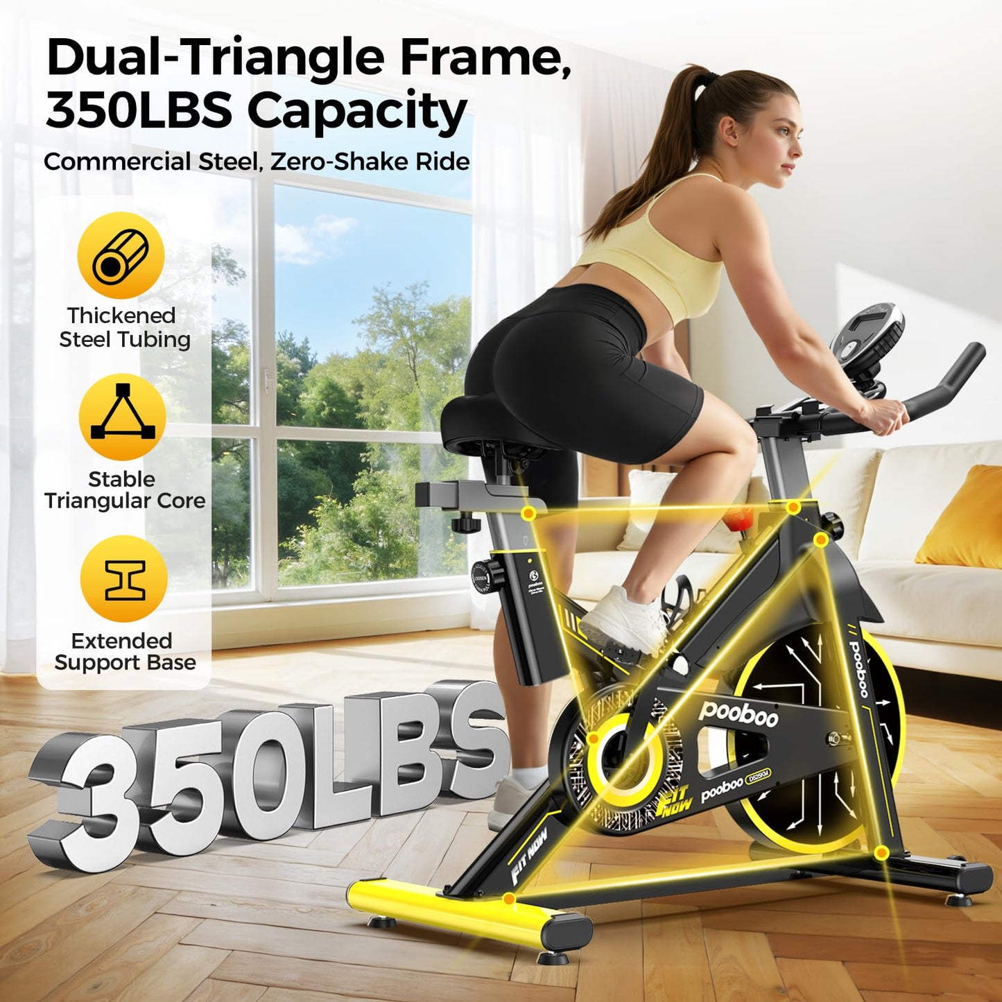 POOBOO Magnetic Exercise Bike, Quiet Stationary Bike with APP and 350lbs Weight Capacity, Indoor Cycling Bike with LCD Monitor and Tablet Holder, Heavy Duty Workout Bike for Home Gym Weight Loss