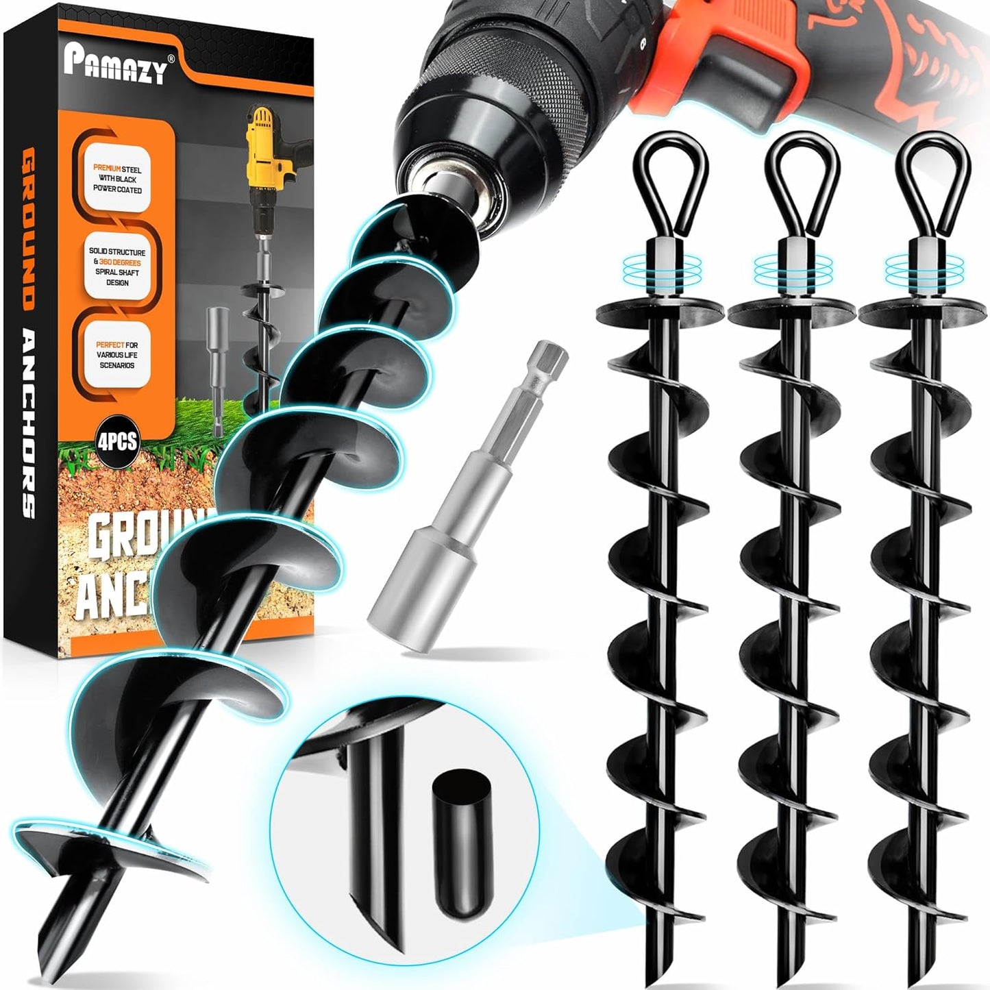 Premium 4 Pack Ground Anchors - Heavy Duty Screw-In Anchors with Power Nut Driver for Tents & Swing Sets