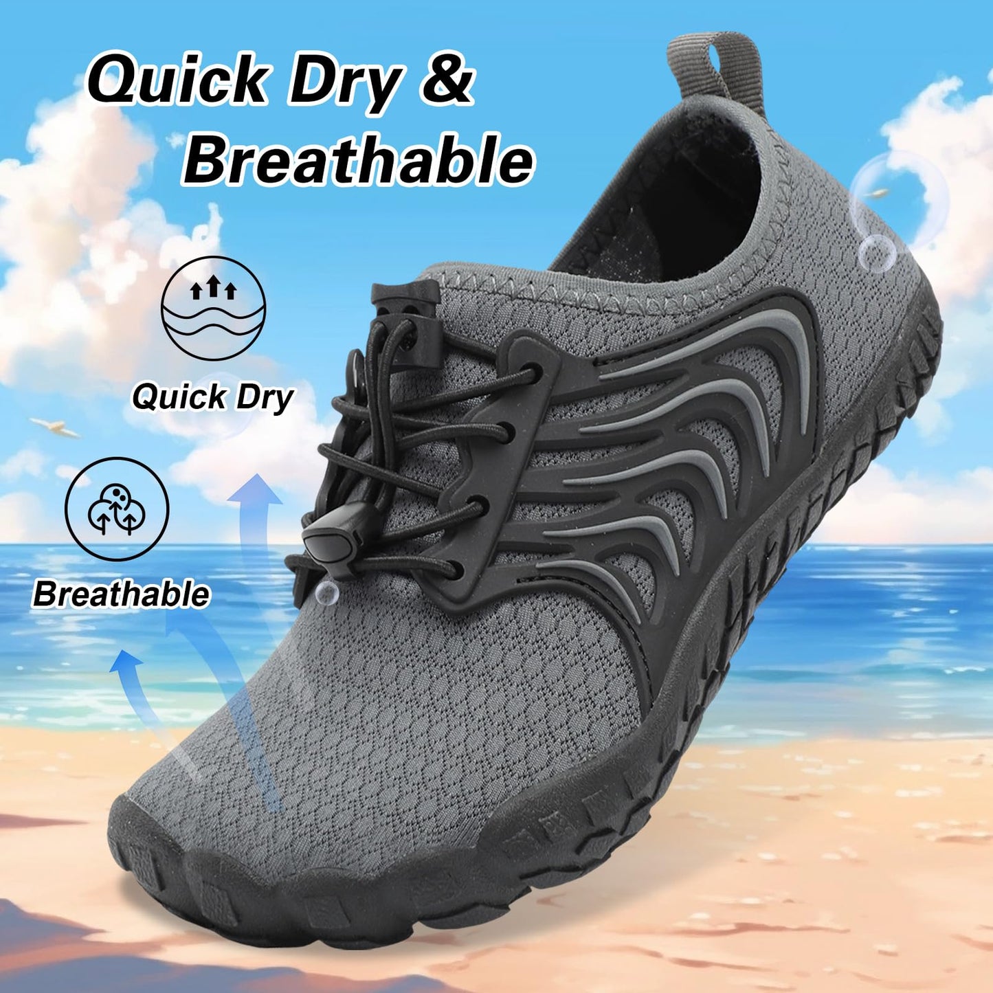 BARERUN Kids Water Shoes Boys Girls Quick Dry Breathable Sports Aqua Sneakers Wide Toe Adjustable Barefoot Non-Slip Lightweight Swimming Beach Pool Shoes Darkgrey Big Kid 2