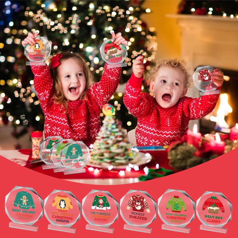 Barydat 6 Pcs Ugly Christmas Sweater Trophies 4.72 Inch Ugly Sweater Trophy Acrylic Ugly Sweater Contest Prizes for Xmas Winner Holiday Party Trophy Award Game Favors, 6 Styles