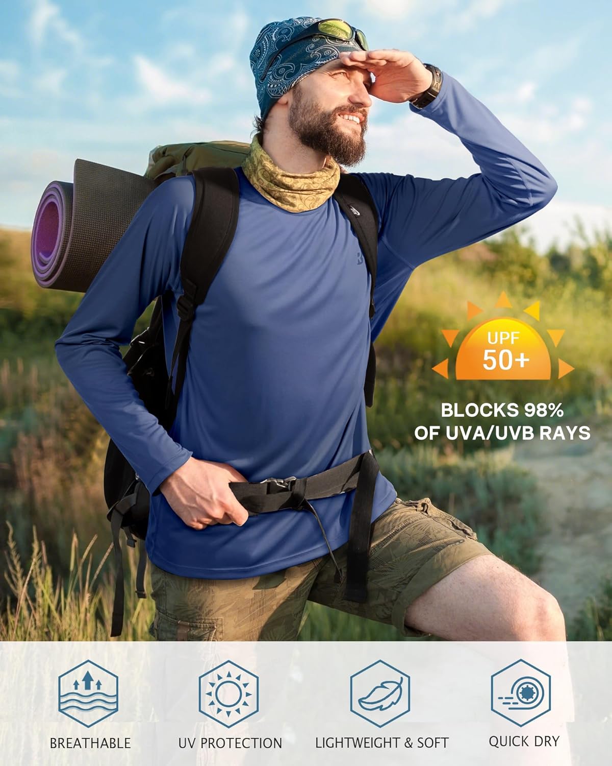 Roadbox Men's UV Sun Protection Shirt - UPF 50+ Long Sleeve Rash Guard for Fishing, Hiking & Running