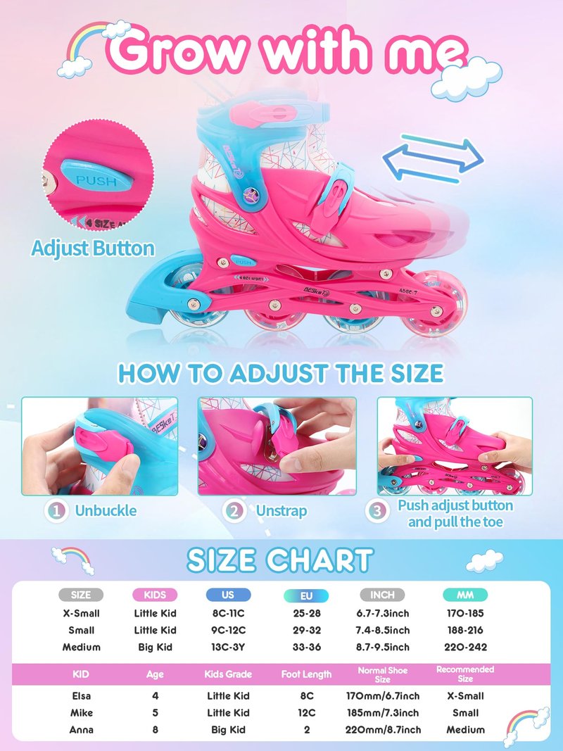 Besketo Light up Inline Skates for Girls, 4 Size Adjustable Roller Shoes with Full Illuminating Wheels for Kids, Hard Shell Roller Skates for Beginner Children Youth & Adult Women - S J9-J12 US
